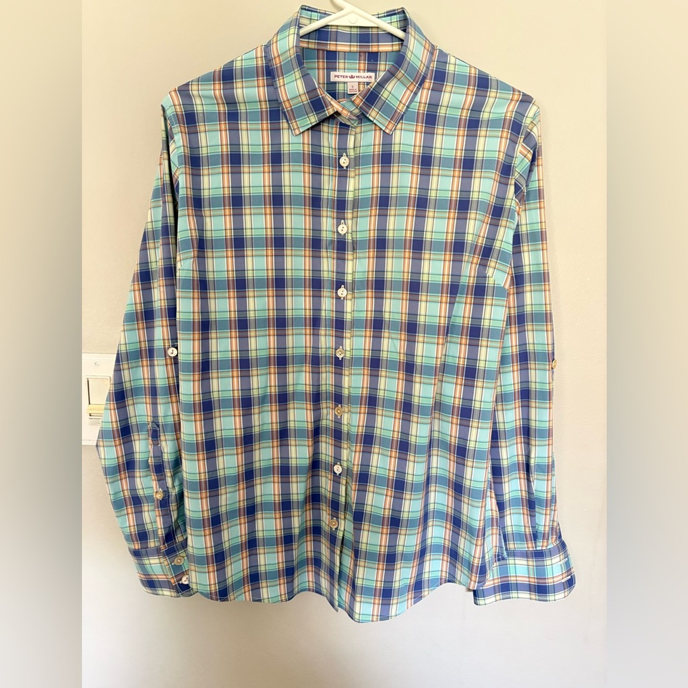 Peter Millar women's golf plaid long-sleeve button-down shirt large